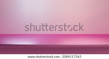 Pink steel countertop, empty shelf. Vector realistic mockup of table top, kitchen counter on rose background with spot light. Bar desk surface in foreground