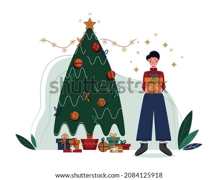 Young man carrying a gift box next to Christmas tree. Person holding a surprise or present. Human character on white background. Christmas and New Year celebration. Cartoon flat vector illustration