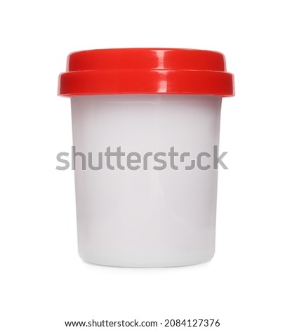 Plastic container of colorful play dough isolated on white
