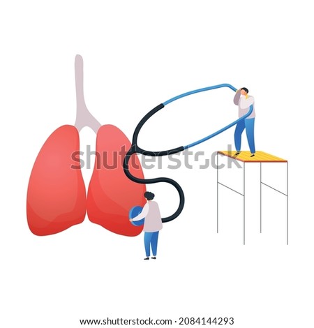Medical center flat composition with small characters of doctors with stethoscope touching human lungs vector illustration