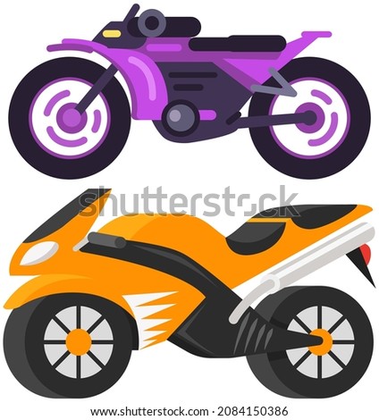 Modern motorcycle, vector illustration urban life, ride motorbike in city. Fast for food delivery. Petrol or electric motorcycle design. Light motorcycle transportation. Two-wheeled vehicle one-seater