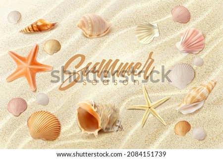 Summer beach background, realistic seashells and starfishes on sand. Sea or ocean coast with shells and star fish top view. Vector sandy seaside surface and conch on island, exotic tropical plage Royalty-Free Stock Photo #2084151739