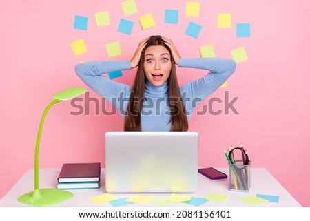Photo of surprised lady manager sit desk remember finish boss presentation work netbook isolated over pastel color background
