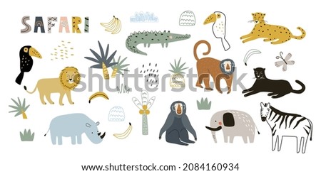 Set with cute animals giraffe, rhinoceros, leopard, crocodile, zebra, monkey and elephant, toucan on a palm tree. Vector illustration for printing.Cute baby background.