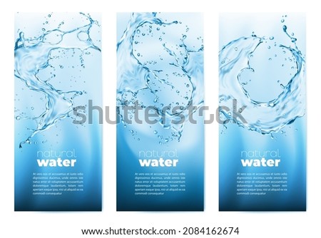 Natural clean water. Realistic transparent blue water splashes with drops and waves. Vector liquid aqua abstract background with dynamic motion and spray droplets. Hydration, fresh 3d soda drink Royalty-Free Stock Photo #2084162674
