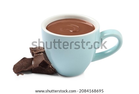 Yummy hot chocolate in cup on white background