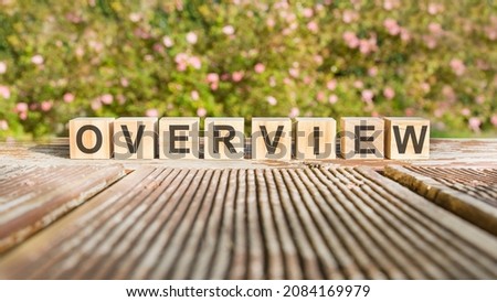 the word Overview is written on wooden cubes. the blocks are placed on an old wooden board illuminated by the sun. in the background is a brightly blooming shrub