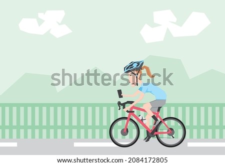 An illustration of woman using phone while riding bicycle