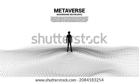 Vector Silhouette of businessman stand and Digital Contour curve dot and line and wave with wireframe . Concept for metaverse and VR technology . Royalty-Free Stock Photo #2084183254
