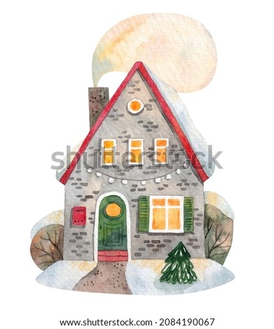 A winter cottage decorated with a garland. A cute house with smoke going out from the chimney. Snow is on trees and the roof. Watercolor illustration. New Year and Christmas card design. 