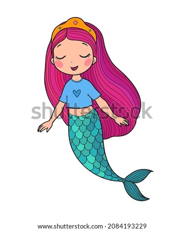 Cute cartoon mermaids. Siren. Sea theme. Beautiful girl princess with a fish tail.Hand drawing isolated objects on white background. Vector illustration. 