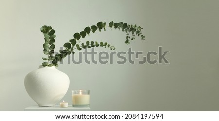 Eucalyptus lef branch in white bowl and burning candle on gray interior. Selective soft focus. Minimalist still life. Light and shadow nature horizontal long background. Royalty-Free Stock Photo #2084197594