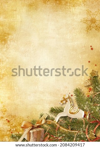 Christmas background. Holiday vintage card with  Christmas decorations   and rocking horse. Copy space