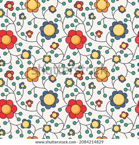 Cute floral pattern. Bright flowers on a light background. 
Seamless pattern of simple shapes in flat style. Perfect for baby textile, wrapping papper, decore.