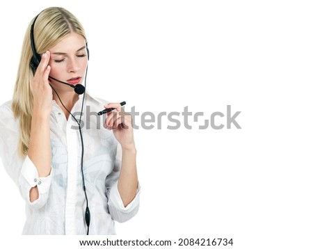 Young woman looking stressed with headache. GIrl on white background