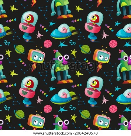 Robots, aliens and UFOs on a black background of space. Seamless pattern for birthday decor. Children's illustration in cartoon style, hand drawing. Print for the nursery on textiles and invitations