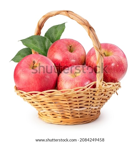 Basket of Fresh Pink apple isolated on white background, Pink apple with leaves on white background With clipping path