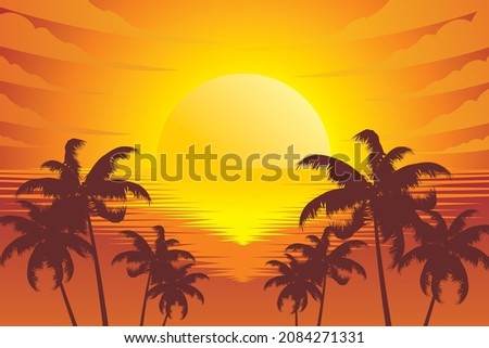 Beautiful sunset. Sunset view with coconut tree silhouette. Beach sunset vector illustration

