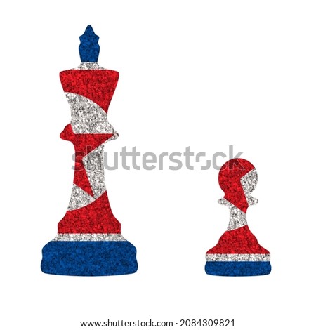 Bright glitter chess figures queen and pawn silhouettes in colors of national flag. Korea, north