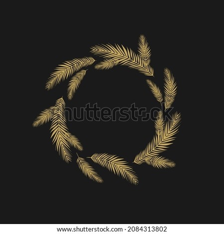 Round wreath with golden fir tree or spruce twigs on black. winter holiday garland. Vintage Christmas or Thanksgiving greeting card. Vector illustration.