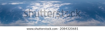 Blue sky panorama with Cumulus clouds. Seamless hdr 360 degree pano in spherical equirectangular format. Complete zenith for 3D visualization, game and sky replacement for aerial drone 360 panoramas.