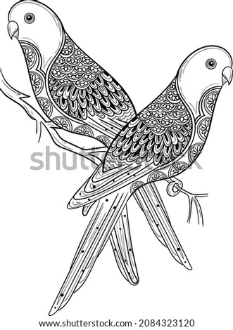Artistic Bird Vector Illustration line drawing. Indian bird black and white clip art line drawing. Bird filled with artistic henna design illustration.