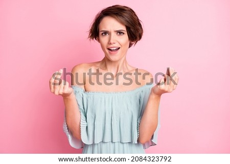 Photo of young woman show fingers ask money cash money bankrupt isolated over pastel color background