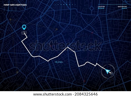 City map navigation interface. GPS navigator vector screen, street roads and location background. City map screen interface with road destination pin, compass and traffic route direction arrows Royalty-Free Stock Photo #2084325646