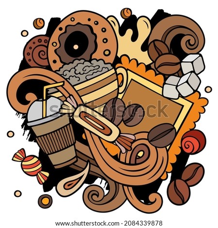 Cartoon vector doodles Coffee House illustration. Colorful, detailed, with lots of objects background. All objects separate. Bright colors Cafe funny picture