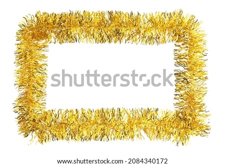 Frame of shiny golden tinsel on white background, top view. Space for text
