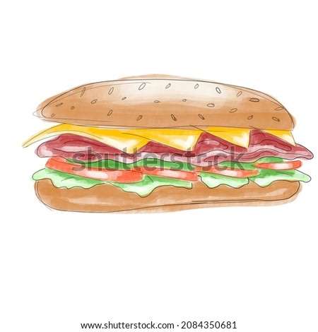 Hand draw digital illustration Fast food isolated in white. Sandwich, hamburger, burger. Tasty cartoon food
