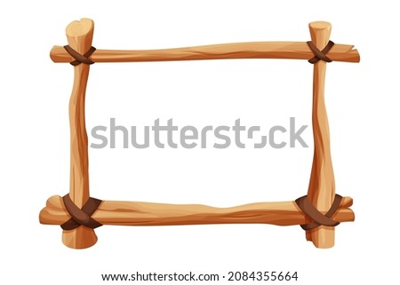 Frame, border from wood branch, sticks and leather rope in comic cartoon style isolated on white background. Tribal, rural clip art. Ui game asset. Vector illustration