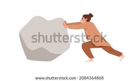 Business person pushing big stone, boulder. Persistence and ambition concept. Worker and heavy rock, struggling with problems, obstacles, and work hard. Flat vector illustration isolated on white Royalty-Free Stock Photo #2084364868