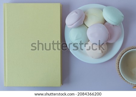 View from above. Book, sweets, cocoa. Cozy picture. Place for text on the book. Pastel shades. Interesting book and delicious food