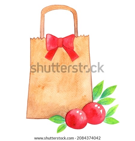 Shopping bag with red bow and Christmas ball watercolor for decoration on Christmas holiday events.