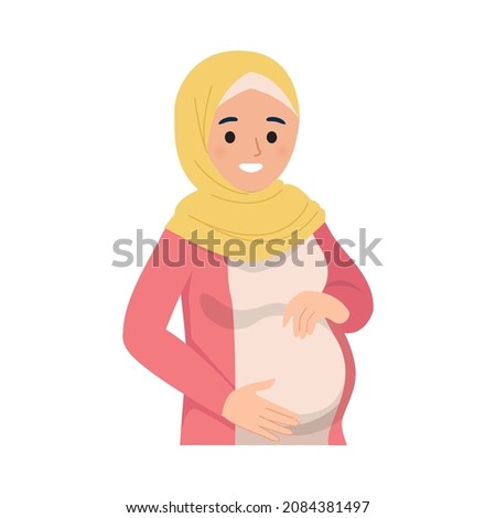 Happy pregnant Muslim woman holding her belly. Flat vector cartoon design