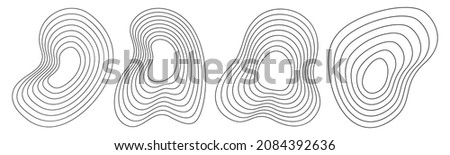 Set of 4 abstract liquid geometric shapes. Dynamical forms with lines, isolated on white background. Graphic elements. Template for poster, logo, cover design. Vector black and white illustration. Royalty-Free Stock Photo #2084392636
