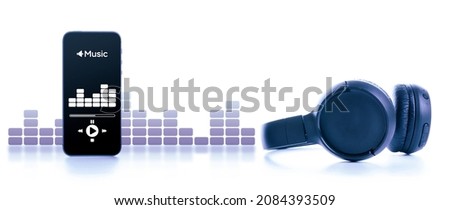 Music banner. Mobile smartphone screen with music application, sound headphones. Audio voice with radio beats isolated on white background. Broadcast media music banner with copy space