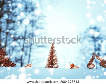 New year decorations. Christmas holiday tree, golden balls in new year ornament decoration on white winter snow. Merry xmas holiday card pattern
