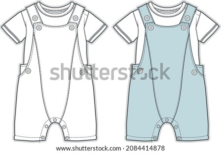 Baby fashion clothing design. Bodysuit vector flat sketch. Baby clothes template. Baby dungaree fashion flat sketch template boys and girls dungaree technical fashion illustration Royalty-Free Stock Photo #2084414878