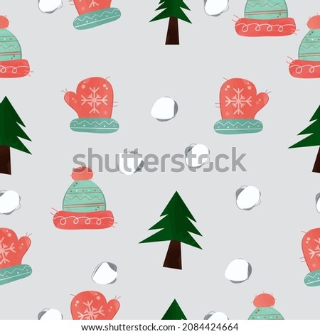 christmas seamless pattern with gloves, christmas tree and hat, vector illustration