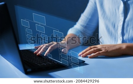 Virtual screen Mindmap or Organigram. Business process and workflow automation with flowchart. Business hierarchy structure. Relations of order or subordination between members Royalty-Free Stock Photo #2084429296