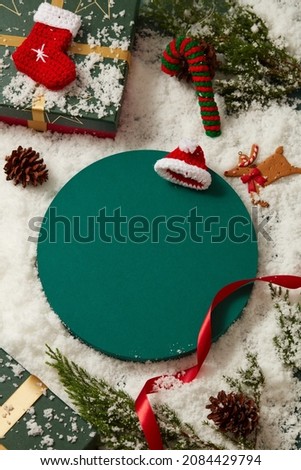 Top view of snow blackground holiday christmas with ornament decoration with blank space for holiday advertising ,holiday content