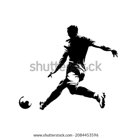Soccer player kicking ball, abstract isolated vector silhouette, footballer logo, ink drawing, rear view