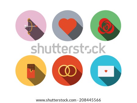 Valentine icon set ,Flat style with long shadows  ,Ring, Chocolate, rose,  bow of Cupid, love Letters,heart