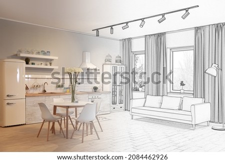 Stylish kitchen interior with modern furniture. Combination of photo and sketch Royalty-Free Stock Photo #2084462926