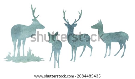 Watercolor deer silhouette with watercolor texture set. Hand drawn buck, doe, fawn deer sketch. Woodland animals drawing isolated on white background. Fairy reindeer for cards, decoration, Christmas