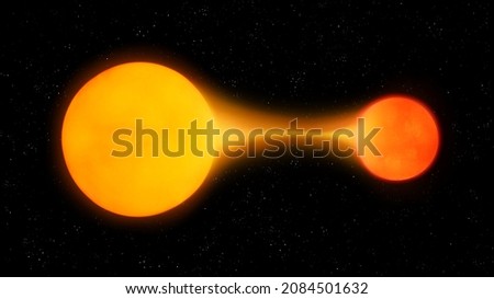 Two stars exchange matter. A giant star absorbs matter from another star. Accretion process in a binary system.  Royalty-Free Stock Photo #2084501632