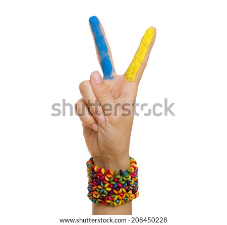 Hand Giving Peace (Victory) Sign with a Painted Ukraine flag Over White Background  