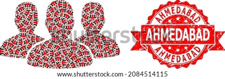 Vector recursion composition leader men group, and Ahmedabad unclean stamp seal. Red stamp seal contains Ahmedabad tag inside ribbon. Vector collage is made with random rotated leader men group icons.